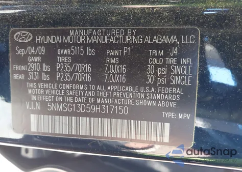 2009 Hyundai Santa Fe Gls z USA, uszkodzony, nr VIN 5NMSG13D59H317150